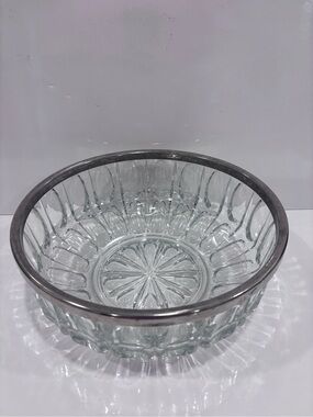 Vintage pressed glass serving bowl w silver rim-heavy clear glass approx 10”